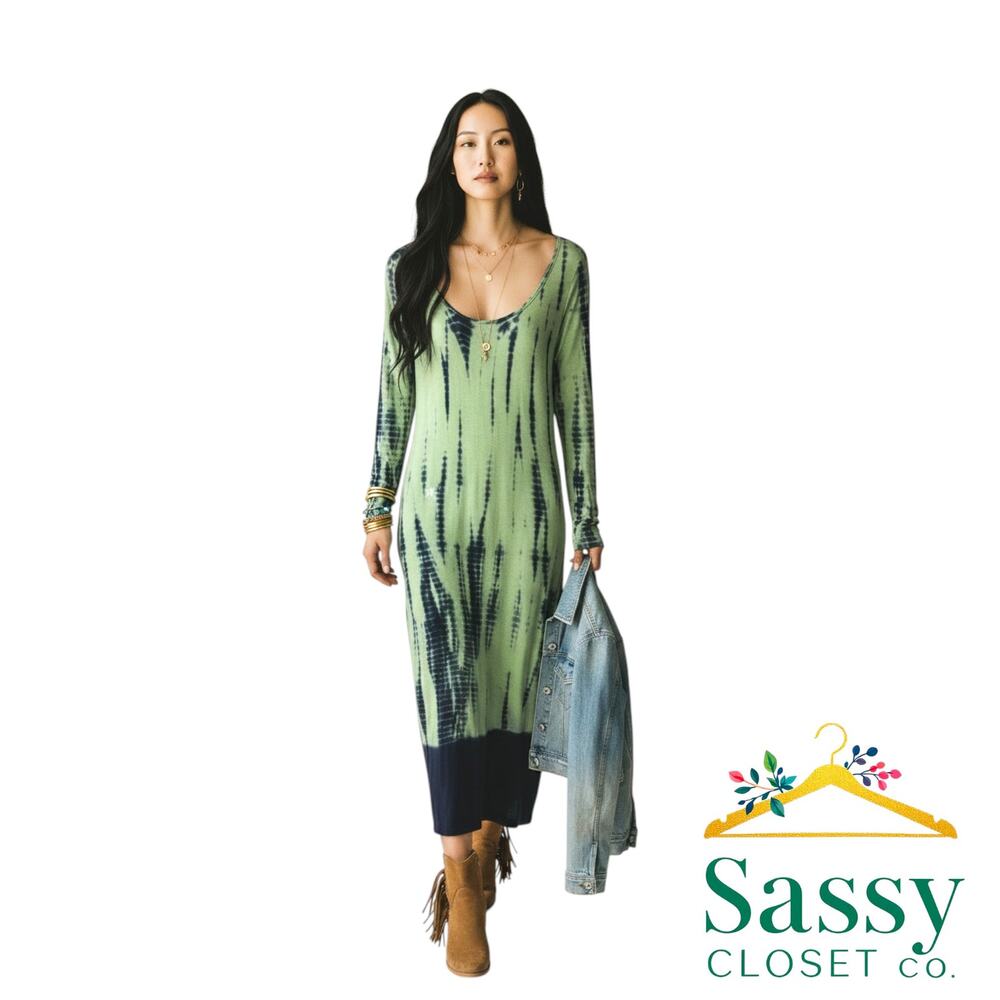 ROMEO & JULIET COUTURE Tie Dye Maxi Dress L Green Navy Long Sleeve Boho EUC